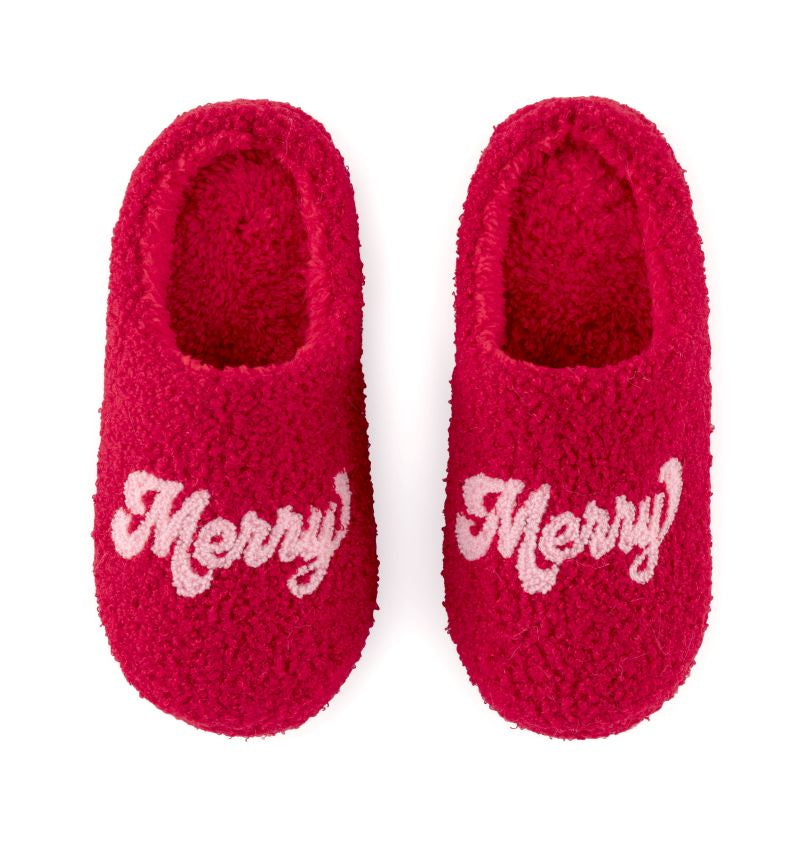 Pair of red fuzzy slippers with "Merry" embroidered in white on each.