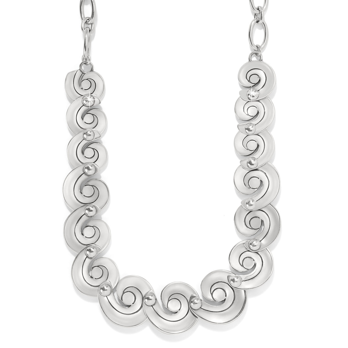 Silver plated Contempo Moda swirl necklace with lobster claw closure on adjustable chain.