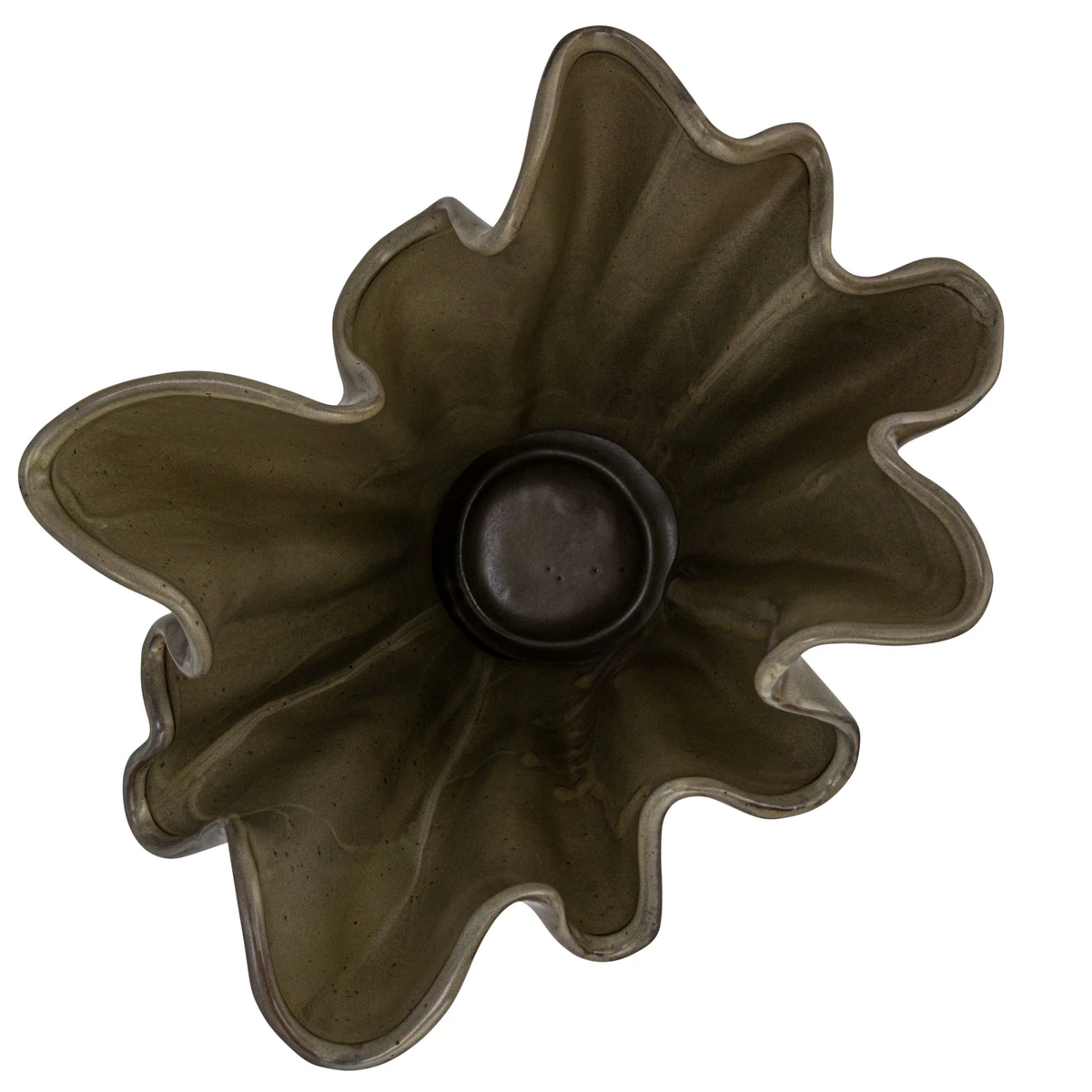 Stoneware ruffled vase in sage reactive glaze with a fluted silhouette and organic texture.
