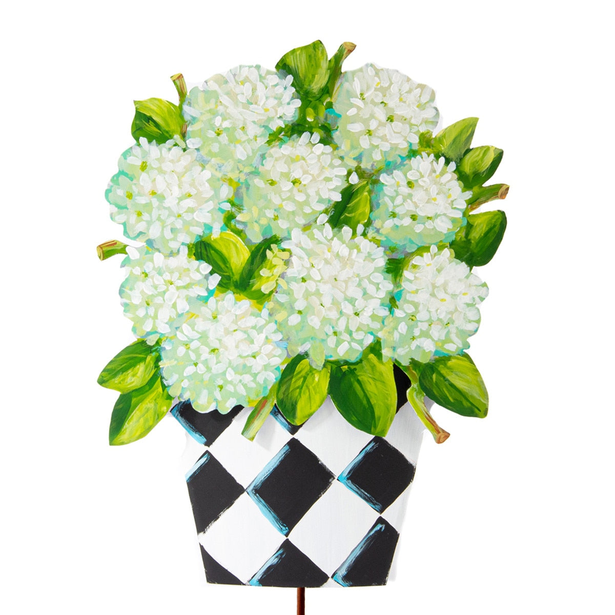 Elegant Pot of Hydrangeas with blue flowers in a white ceramic container on an easel stand.
