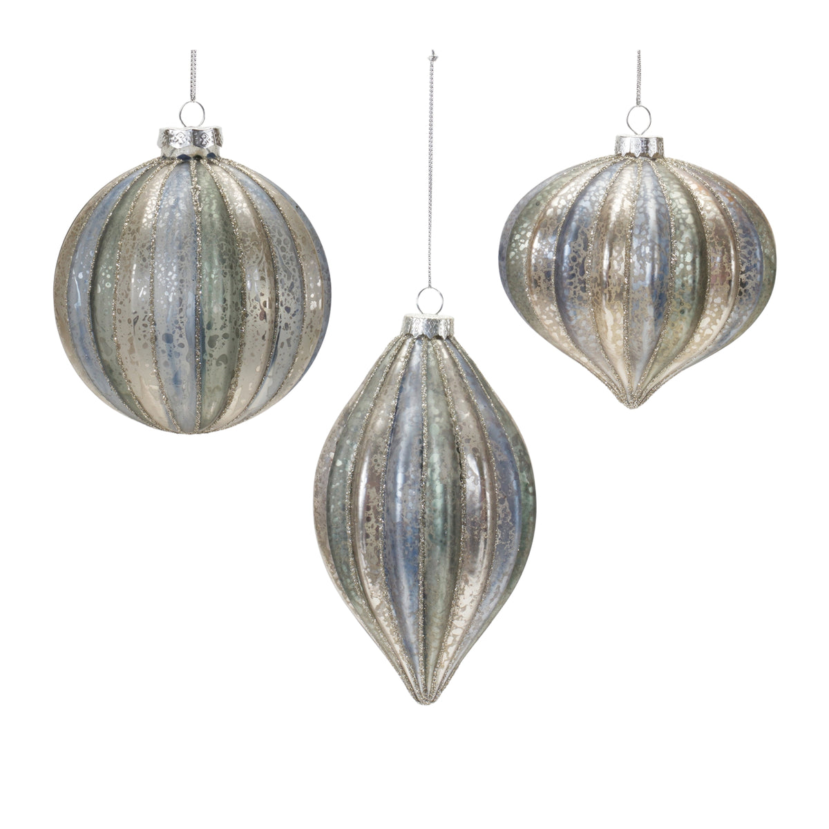 Three assorted mercury glass ornaments in round, teardrop, and onion shapes with silver glitter.