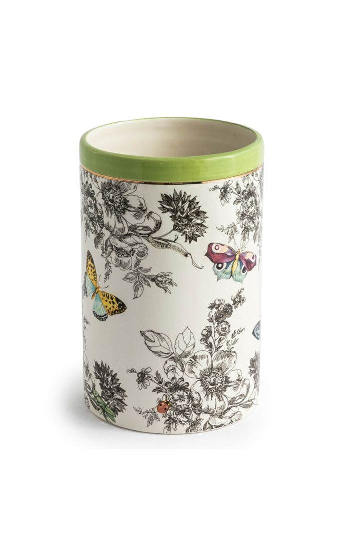 Short ceramic Butterfly Toile Vase with black floral sketches, colorful butterflies, and green rim.