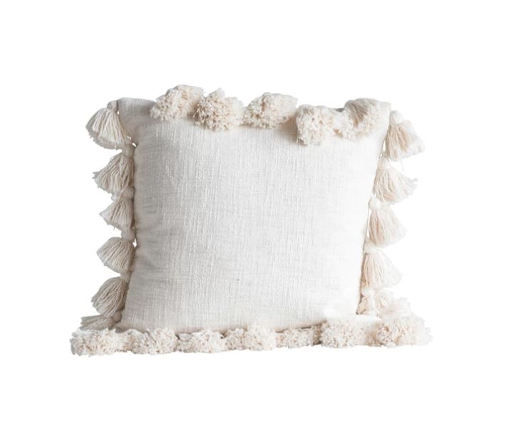 Cream woven cotton slub square pillow with tassels