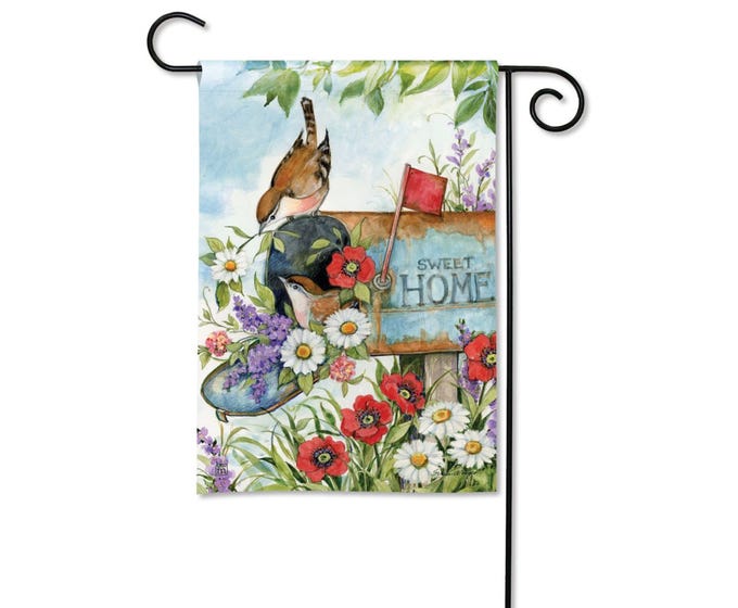 Garden flag with watercolor painting of birds on a mailbox with flowers and "Sweet Home" text.