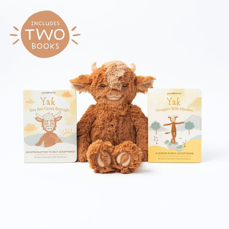 Yak's Self-Acceptance Kin Set including a brown plush yak and two board books.