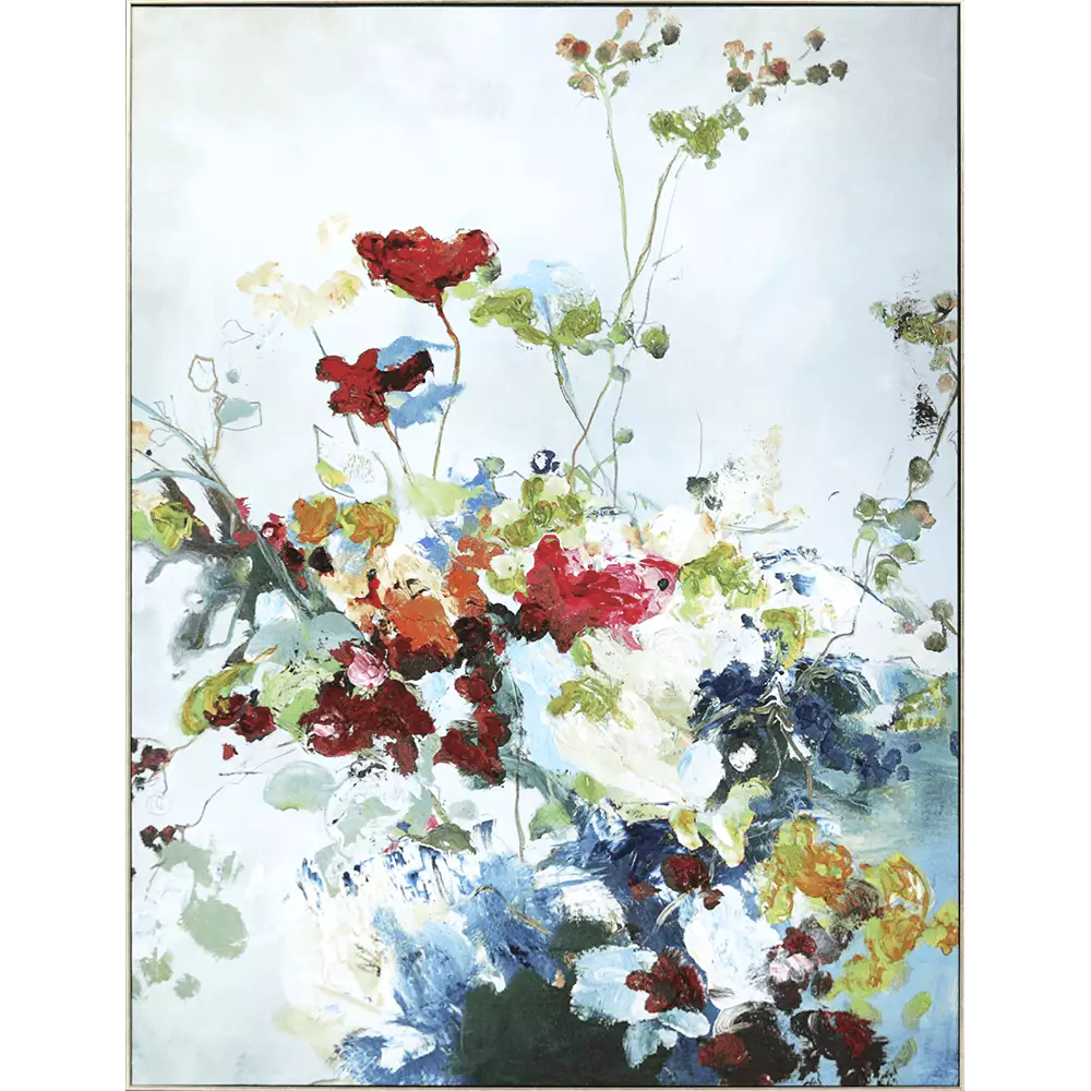 Abstract floral framed print with a colorful organic pattern on white canvas.