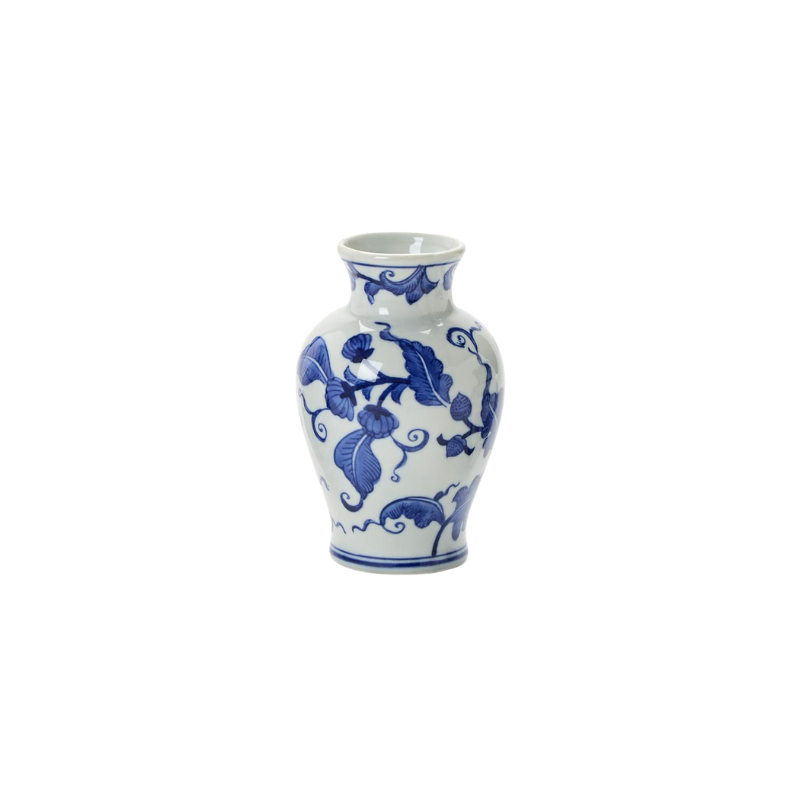Hand-painted blue and white porcelain chinoiserie vase with floral motifs on a white background.
