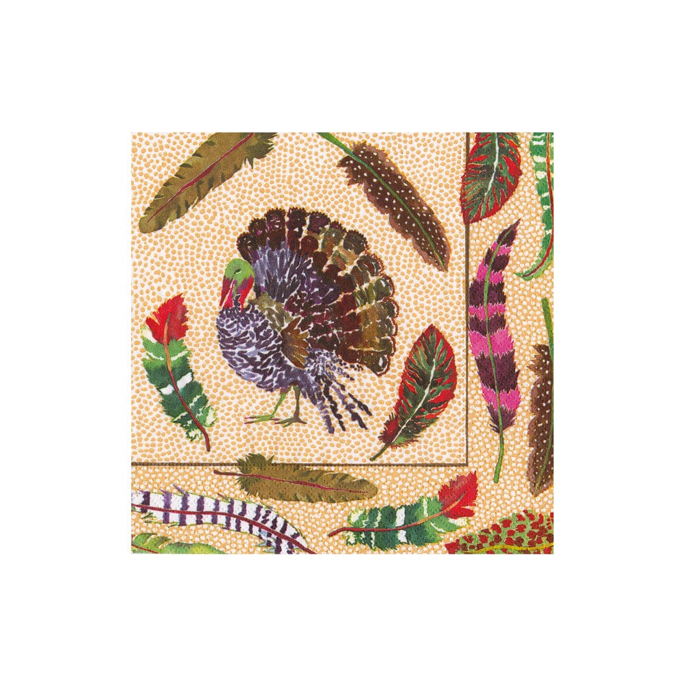 Plumage Cocktail Napkin featuring a central turkey illustration surrounded by colorful feathers.