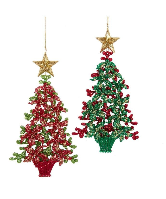 Plastic glittered Christmas tree ornament with a festive round shape.