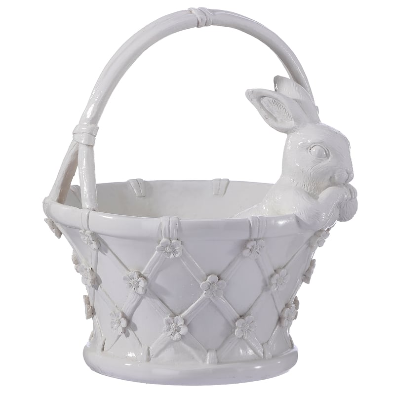 Resin floral basket with bunny featuring woven texture, glossy finish, and spring decor silhouette