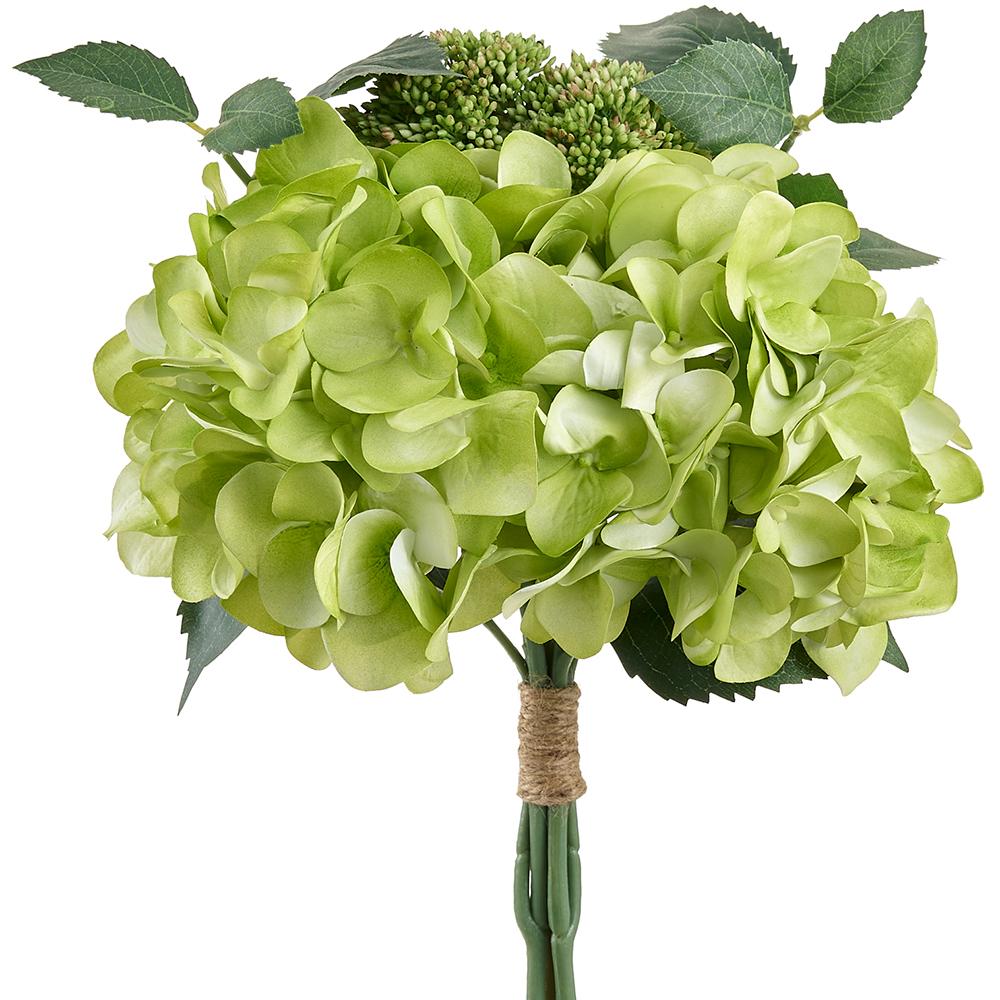 Polyester hydrangea bouquet with wire stems in white flowers arranged in a compact circular silhouette.