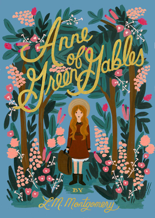 Illustrated book cover of Anne of Green Gables by L.M. Montgomery with a girl in a floral forest.