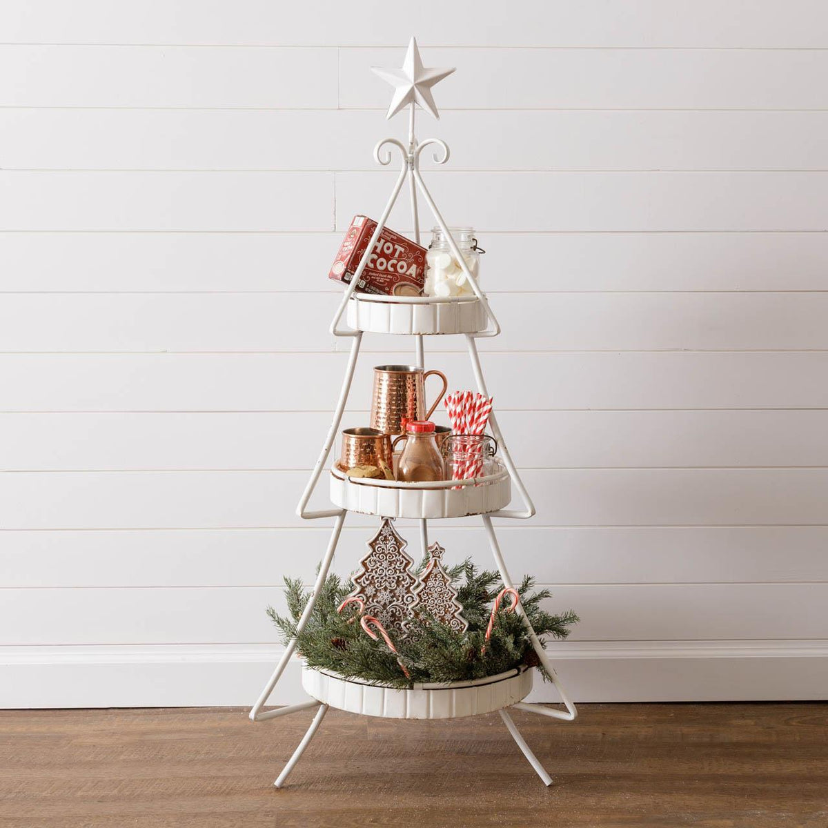 Three-tiered tree-shaped cotton tray in natural color with woven texture.
