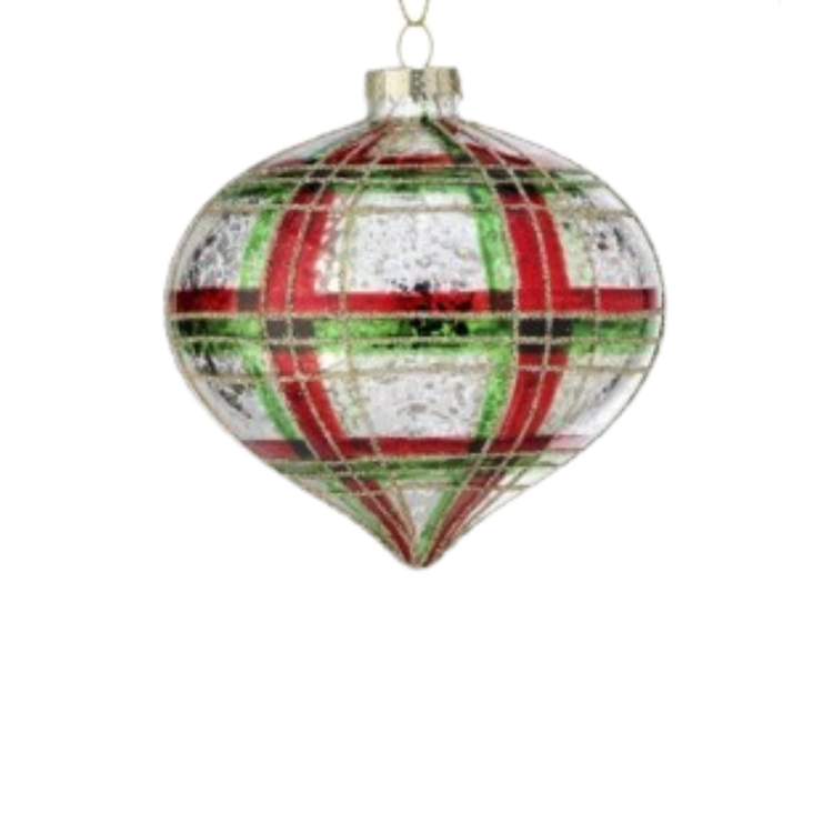 Merc glass finial ornament with a red and green plaid pattern on a silver mercury glass base.
