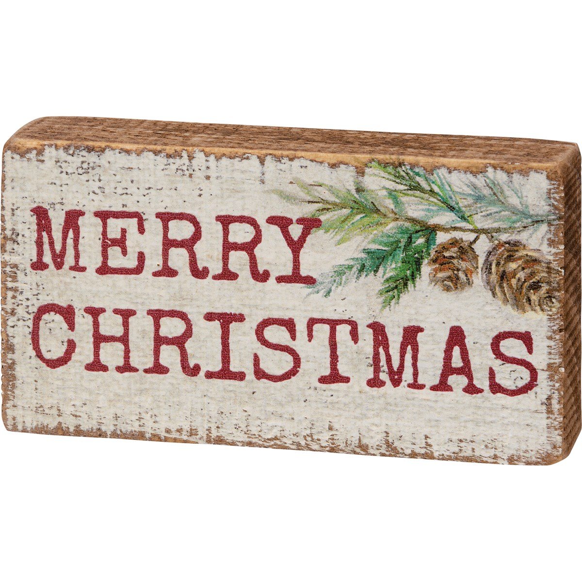 Wooden block sign with a Merry Christmas message in red lettering on a natural wood background.