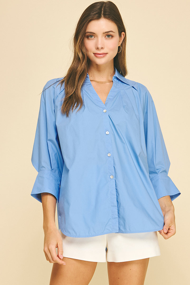 Women's Elle V-neck button-down shirt in white cotton with wide cuffs and side slits
