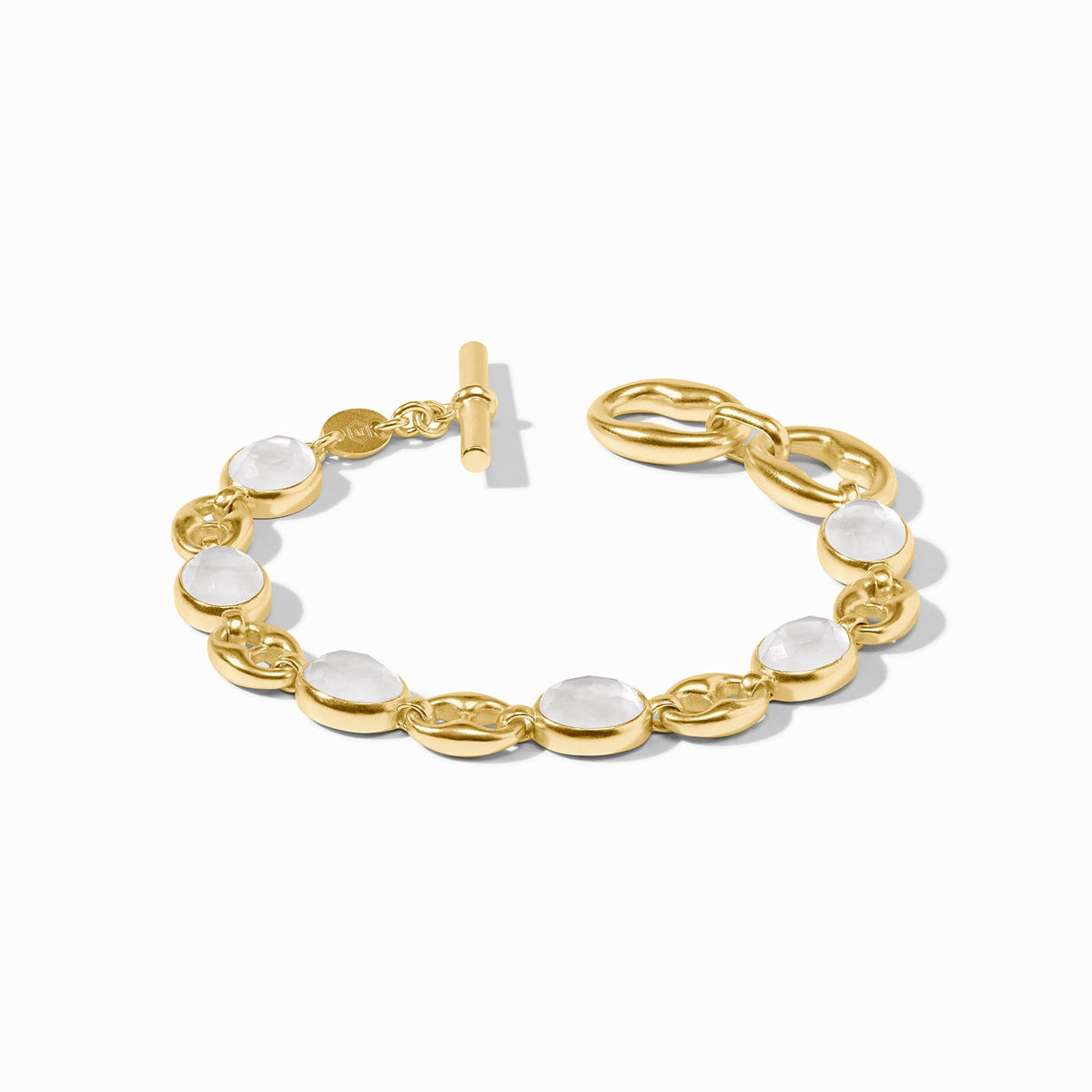 Adjustable Laguna stone bracelet with 24K gold plating on a black cord.