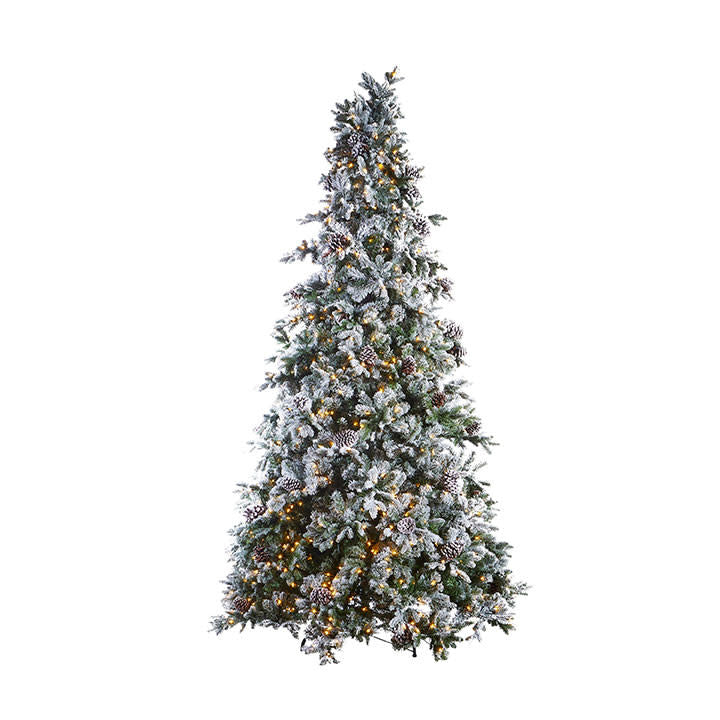 Pre-lit flocked spruce tree with white LED lights and pinecones in PVC construction.