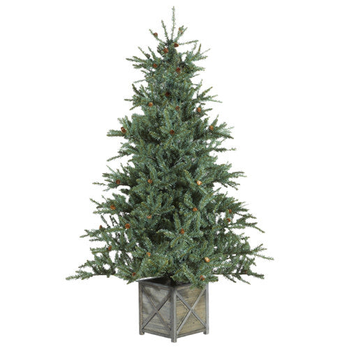 6.5-inch unlit artificial Green Littleton Spruce tree in box stand with green and red PVC coating.