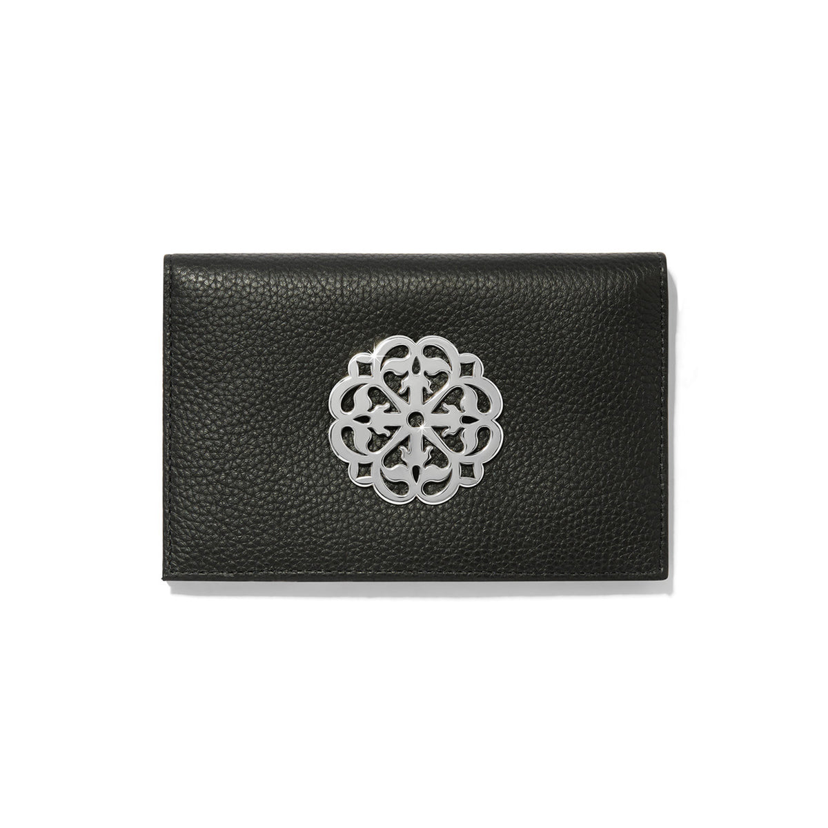 Black leather Ferrara Medallion Folio Wallet with a silver-tone filigree medallion on the front.