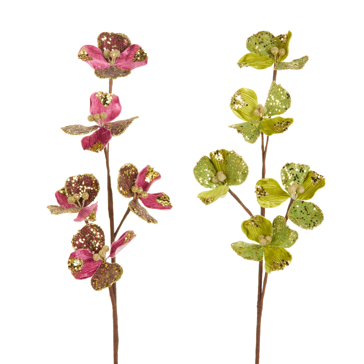 Two 23.5-inch velvet floral sprays in pink and green with glitter accents, sold individually.