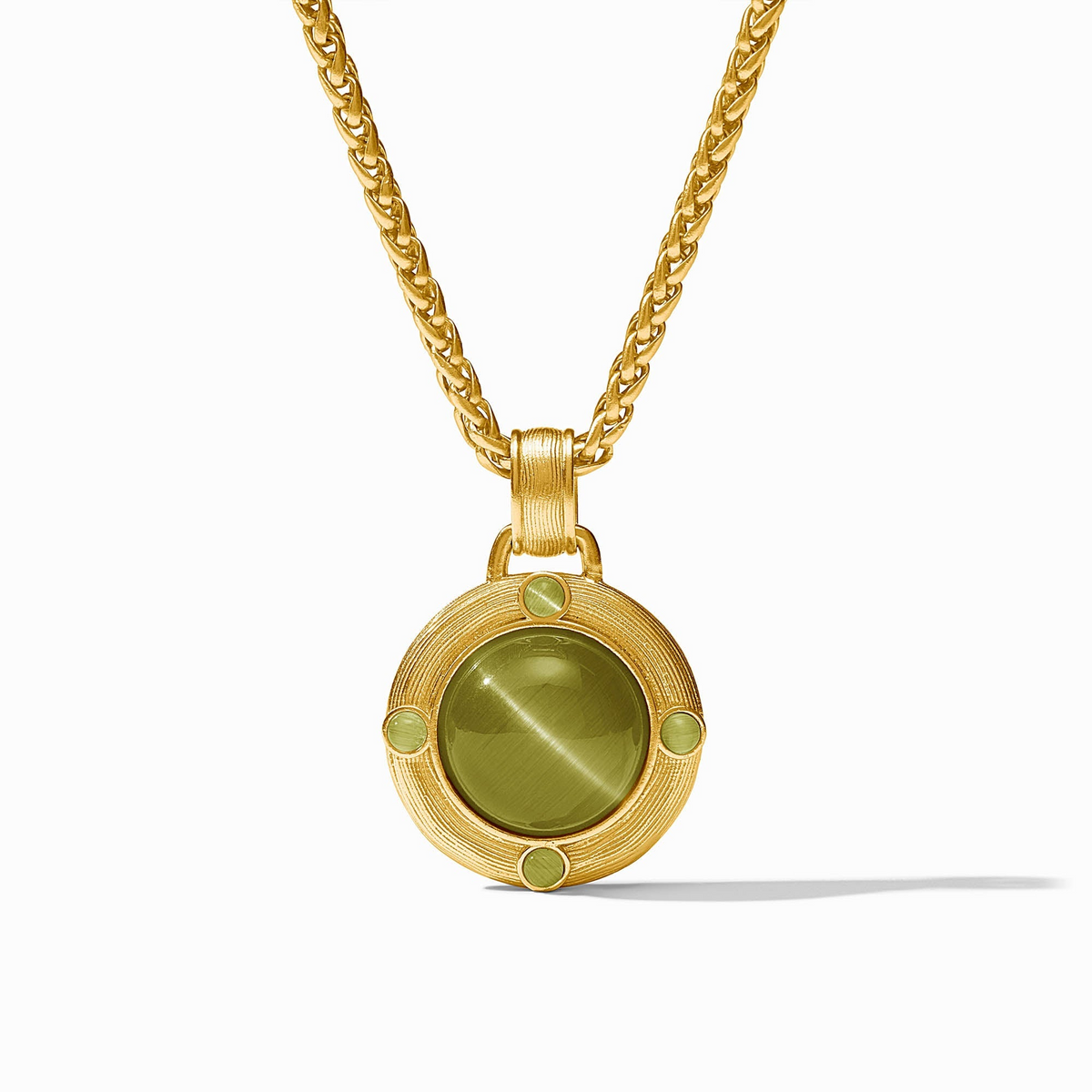 Cobblestone Demi Necklace in 24K gold plate with a round green glass pendant on a woven chain.