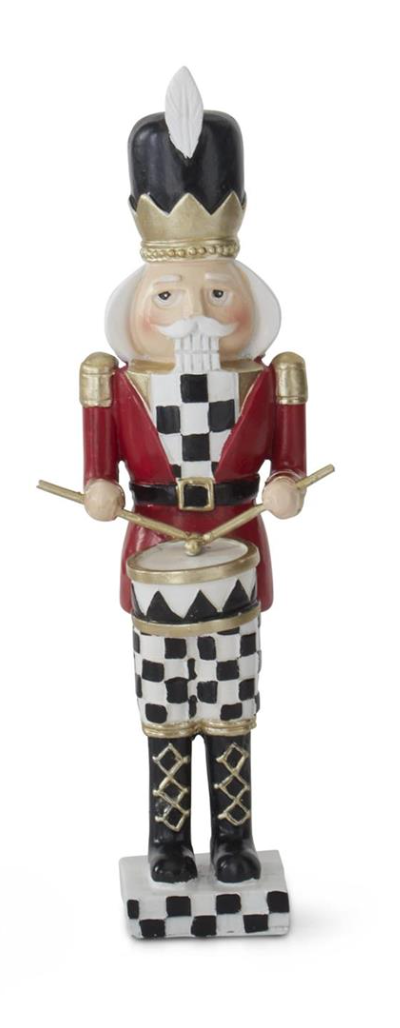 Eight-inch harlequin-patterned resin nutcracker soldier with metal accents standing upright.