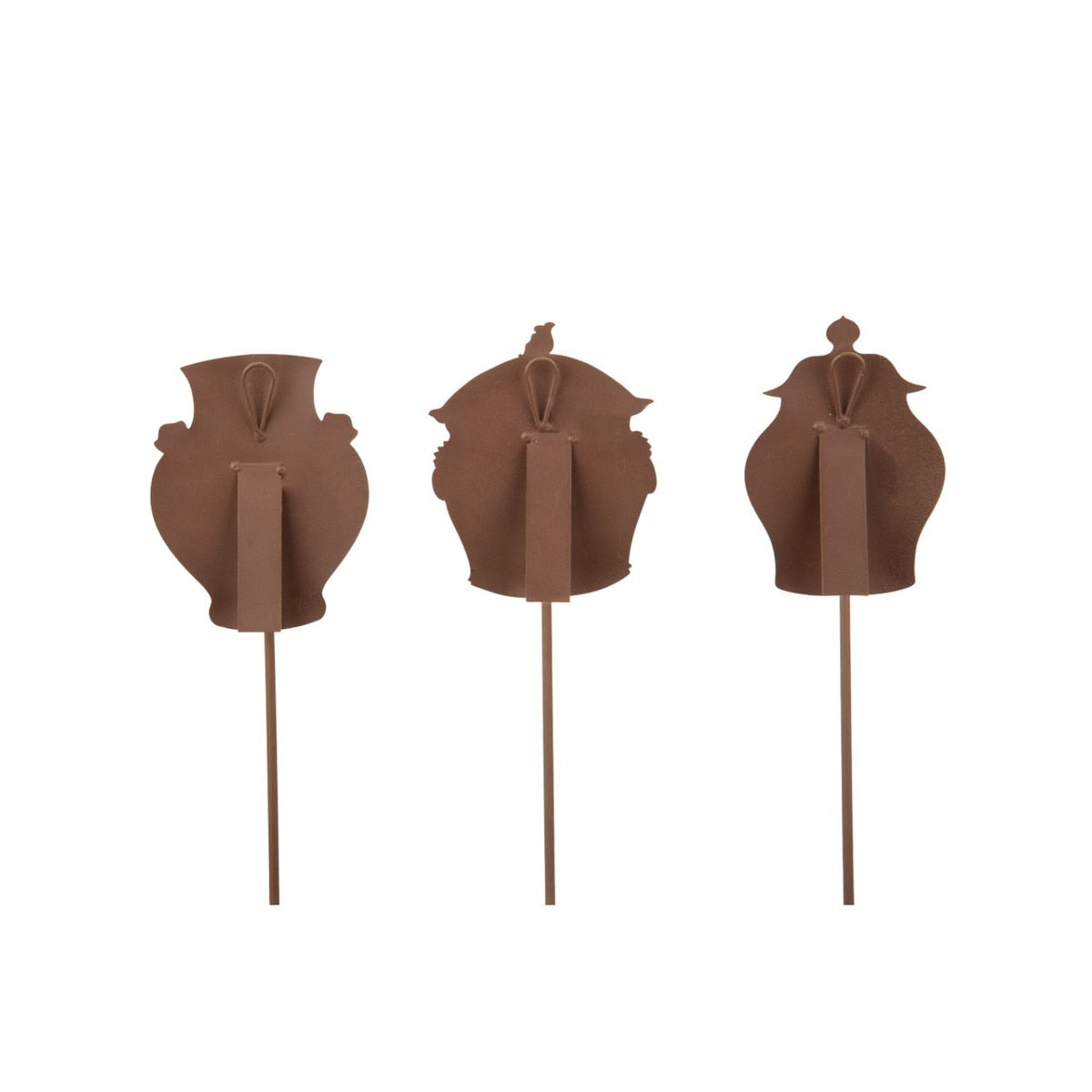 Three brown metal garden stakes shaped like ginger jars and vases.