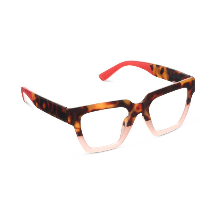 Take A Bow square glasses with tortoise shell top and pink gradient bottom frames.