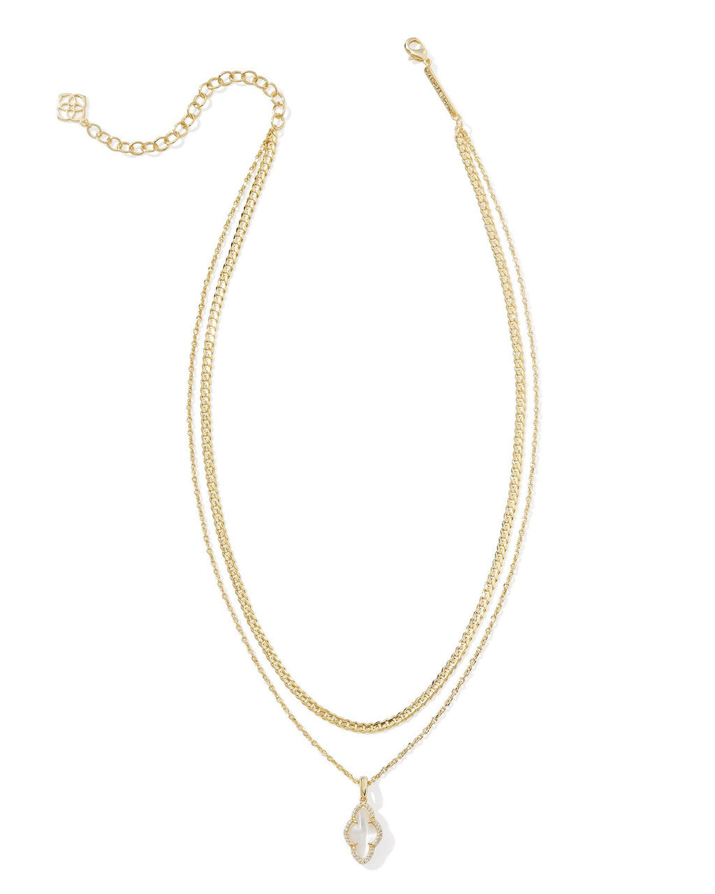Abbie Pave Frame Multi Strand Necklace in gold with a white clover-shaped pendant.
