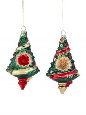 Two 6-inch glass Christmas tree ornaments with reflector centers, green glitter, and red accents.