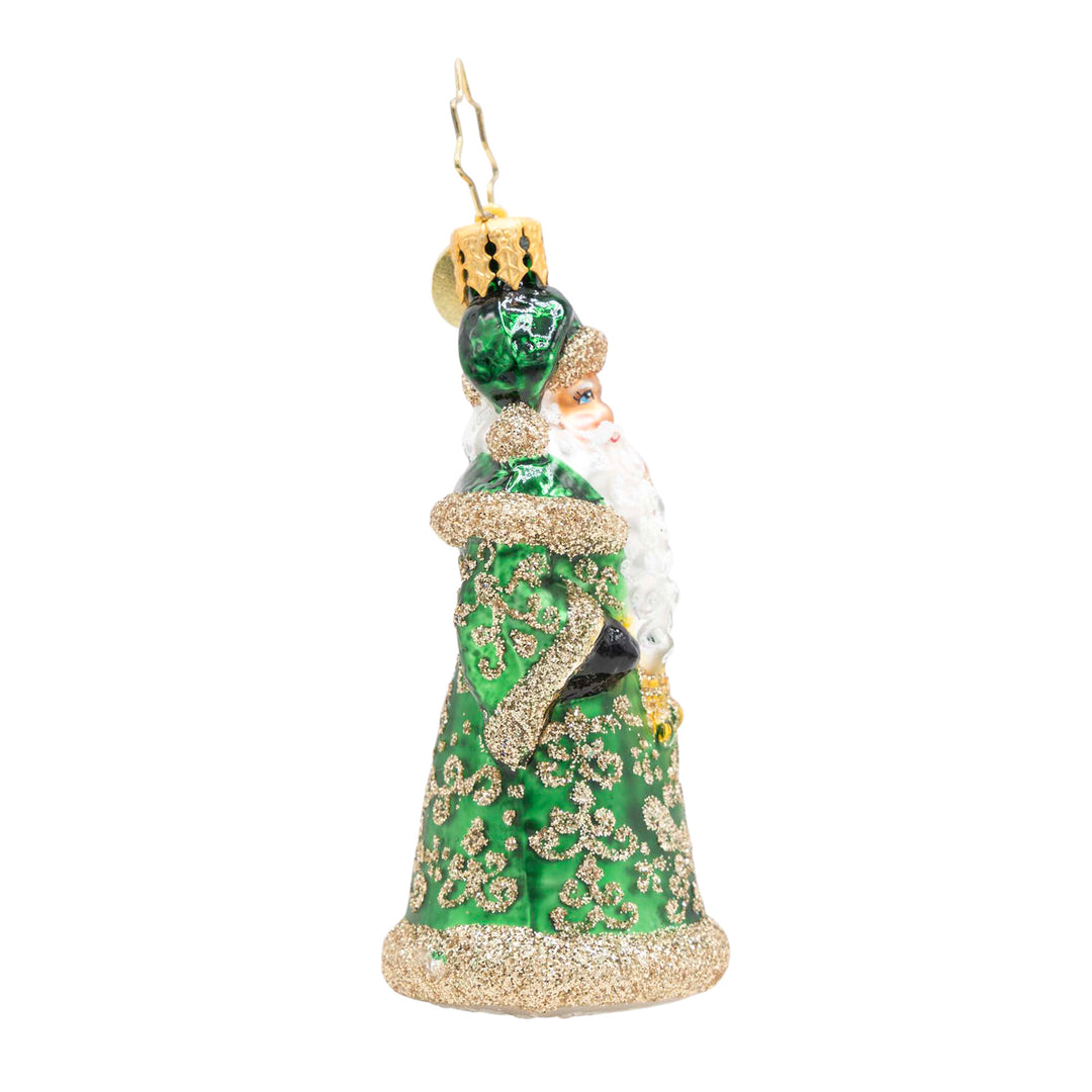 Emerald green glass Santa ornament with gold glitter accents and a white beard.