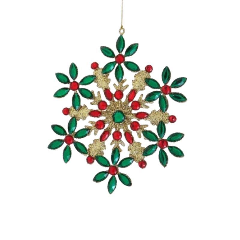 7-inch gold glitter wire snowflake ornament with red and green jewel accents.