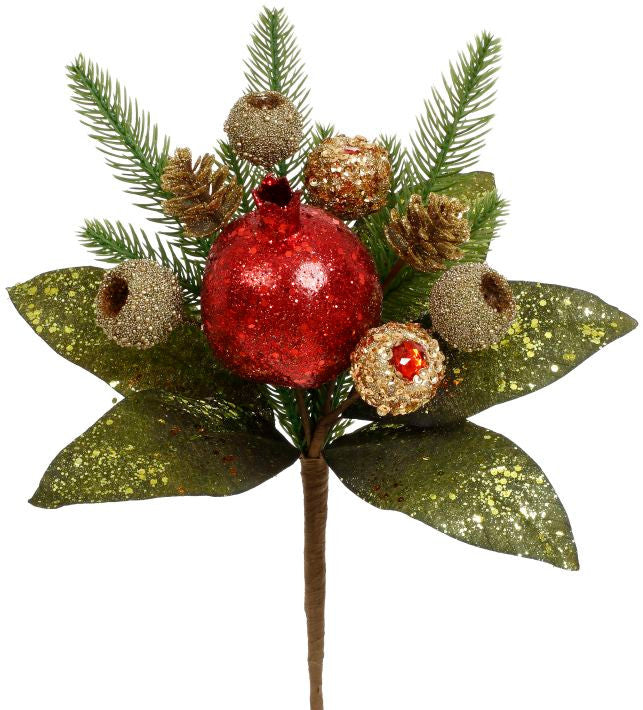 12-inch festive pomegranate pick with a red glitter pomegranate, gold berries, and pine needles.