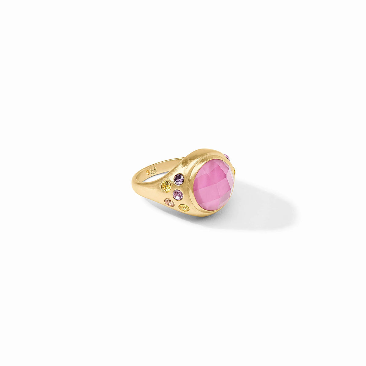 Rainbow statement ring with imported glass stones in a bold circular silhouette on gold plate.