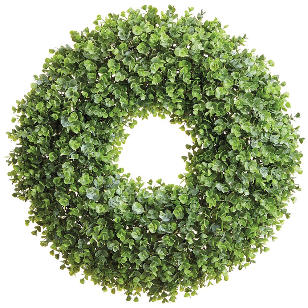 Green plastic eucalyptus wreath with realistic leaf texture