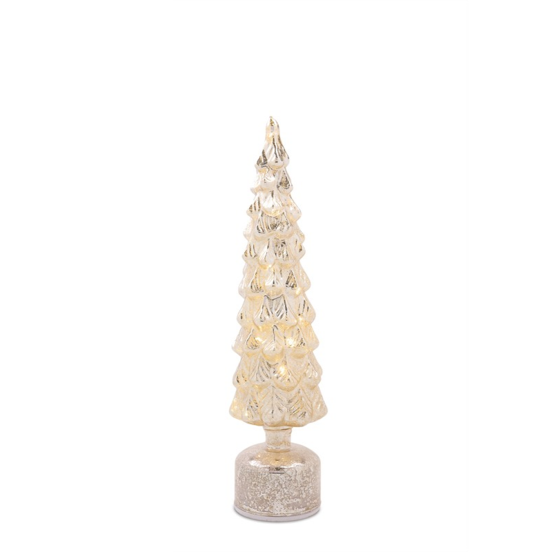 Slender champagne-colored glass LED tree with a textured finish and warm internal lights.
