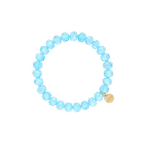 Stretchy bracelet with faceted glass beads in a colorful beaded pattern.