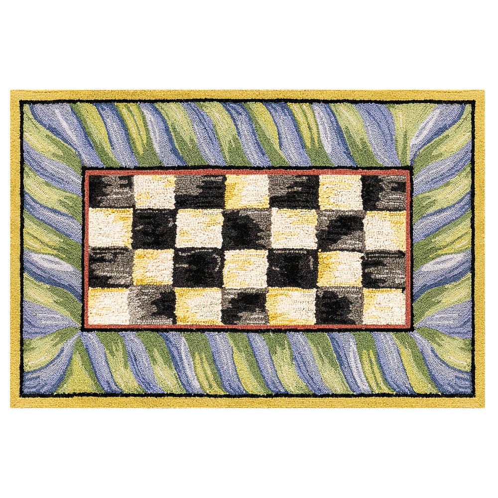 Purple and green checkered washable rug made from polyester with a low pile height.