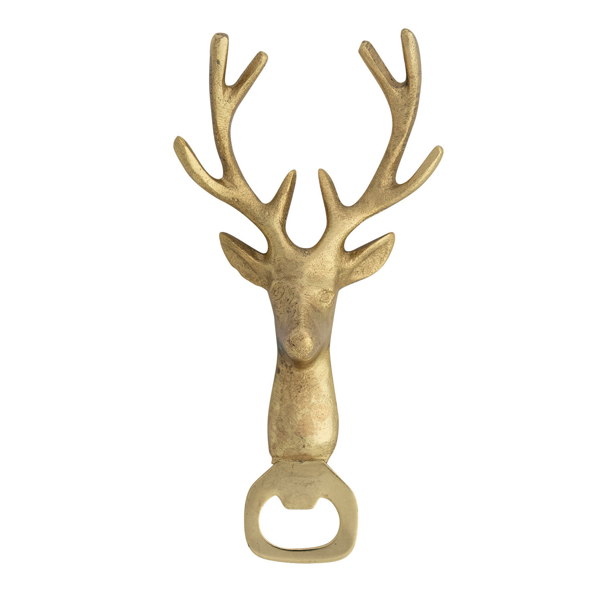 Gold finish cast aluminum bottle opener shaped like a deer head with antlers.