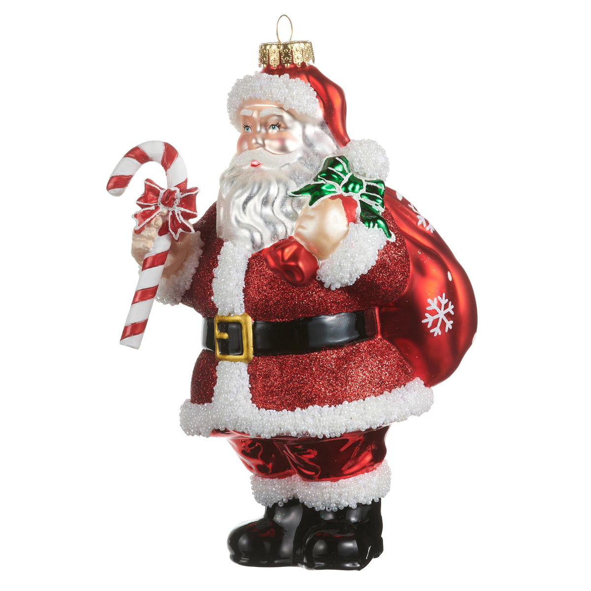 8-inch glass and resin Santa Claus ornament holding a candy cane and a red gift sack.