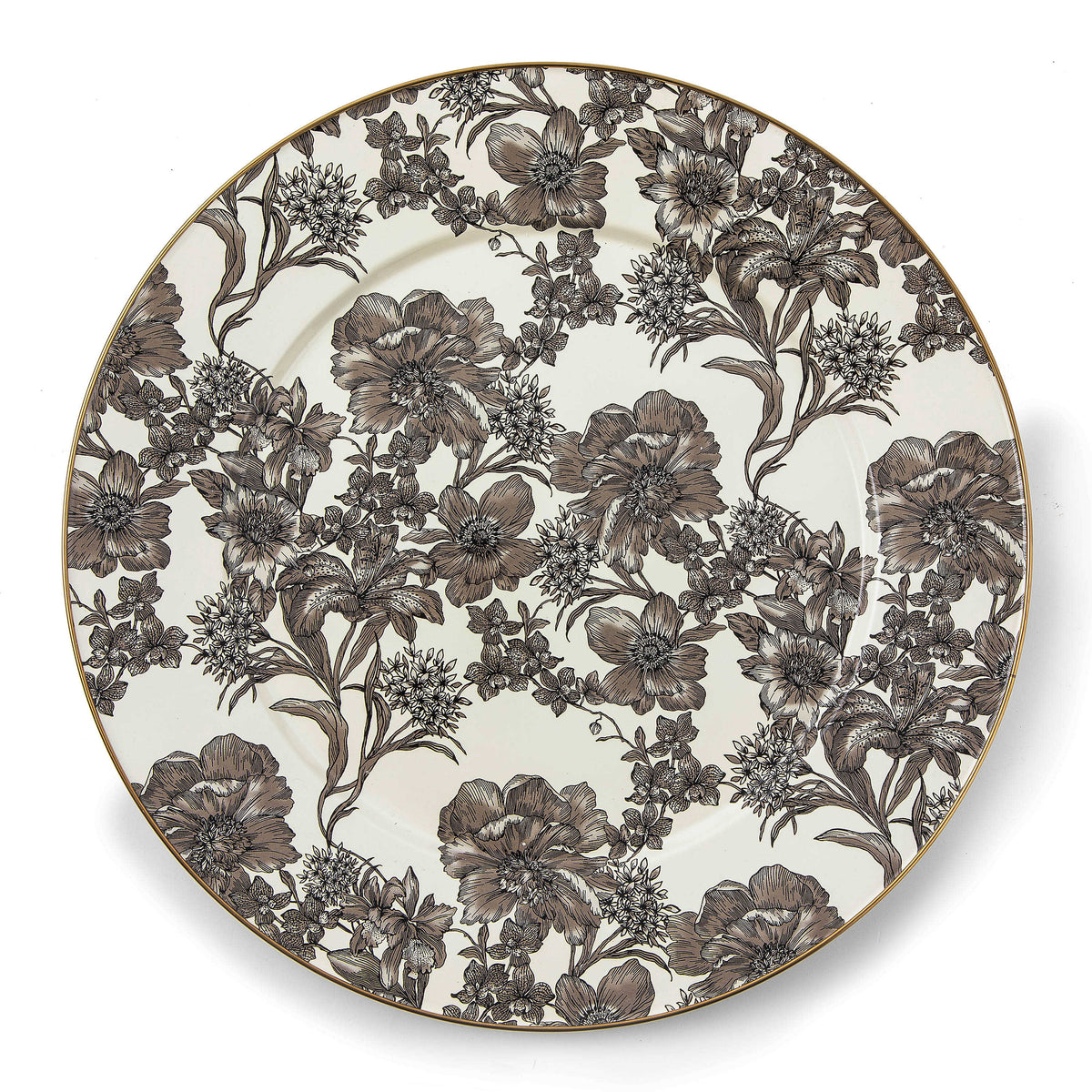 English Garden floral enamel serving platter with bronzed stainless steel rim