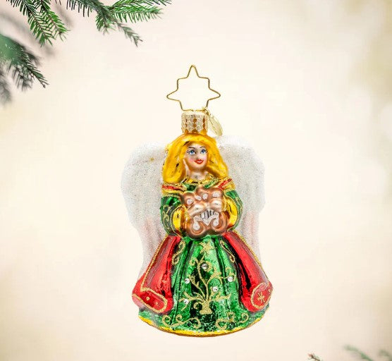 Heavenly Harpist Gem glass angel ornament with green dress, red accents, and white glittery wings.