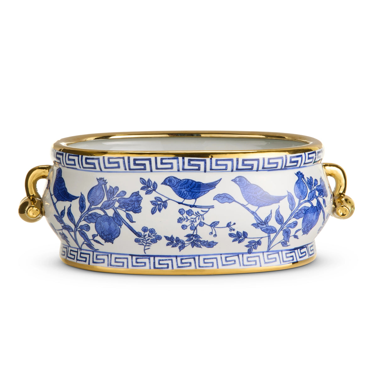 6.5-inch white ceramic planter with blue bird and floral patterns, gold rim, and gold handles.