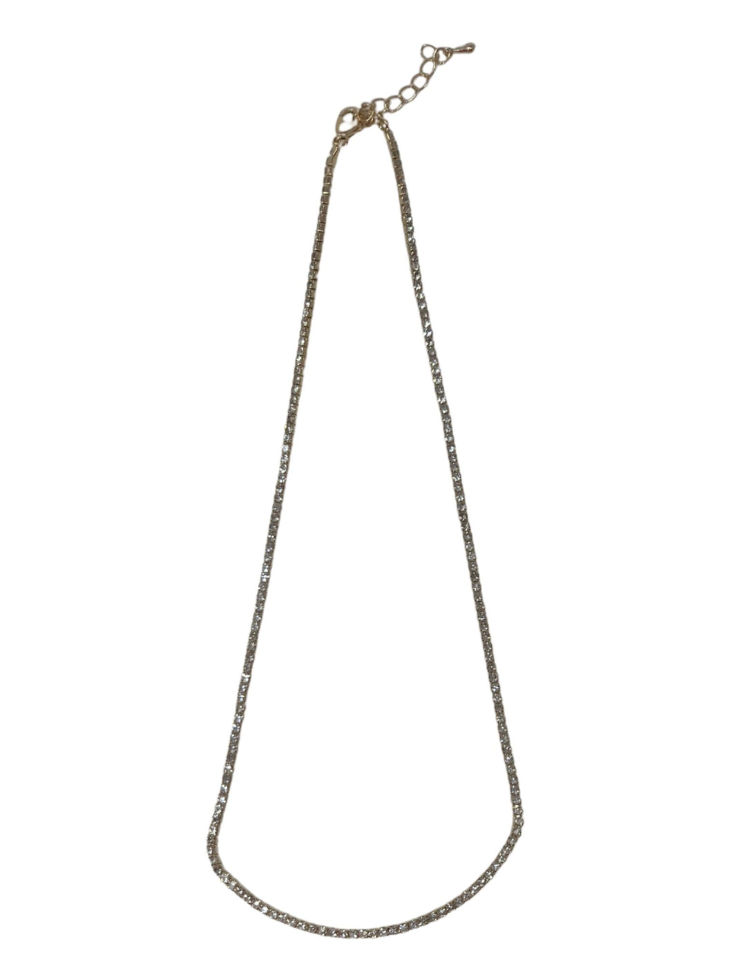 Thin silver-tone crystal tennis necklace with an adjustable lobster claw clasp.