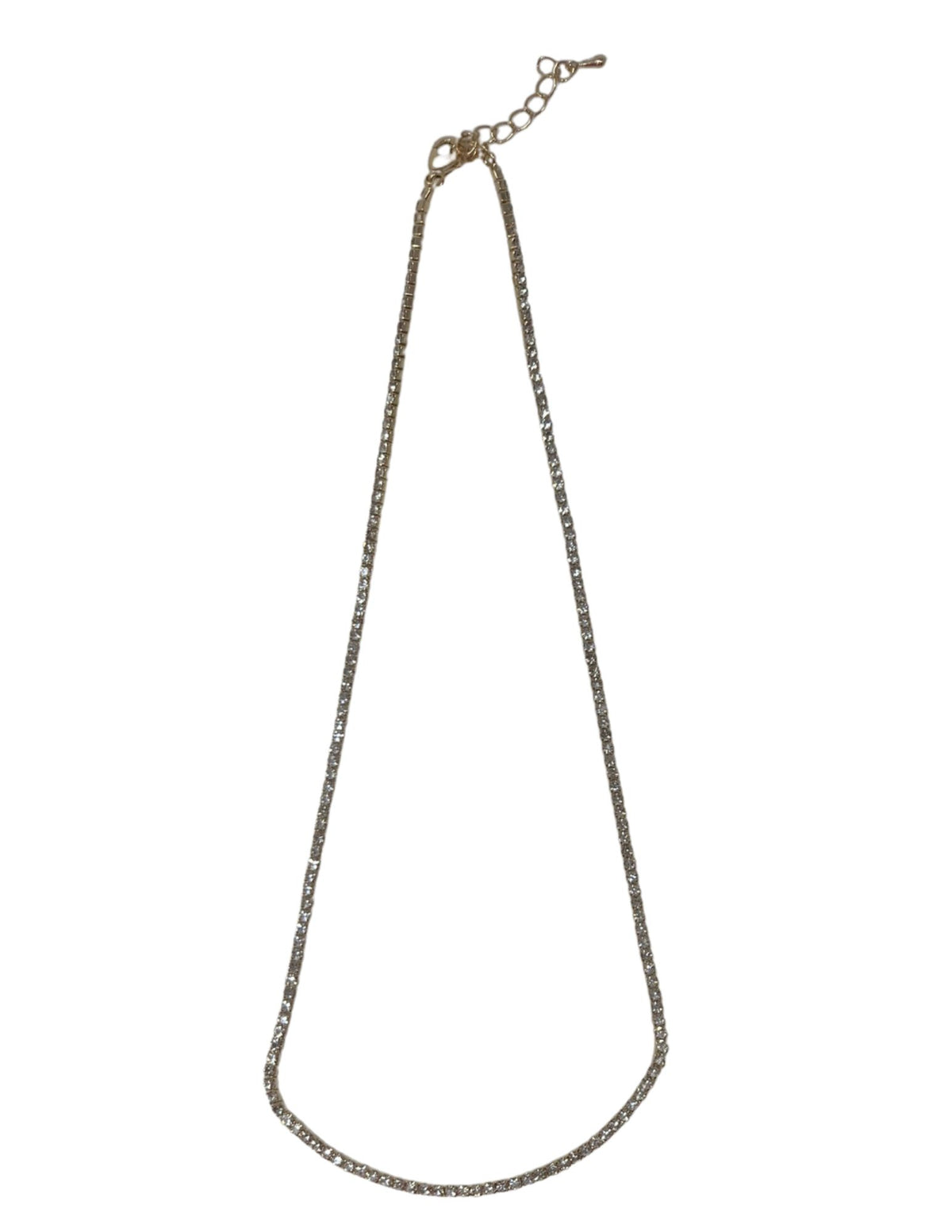 Thin silver-tone crystal tennis necklace with an adjustable lobster claw clasp.