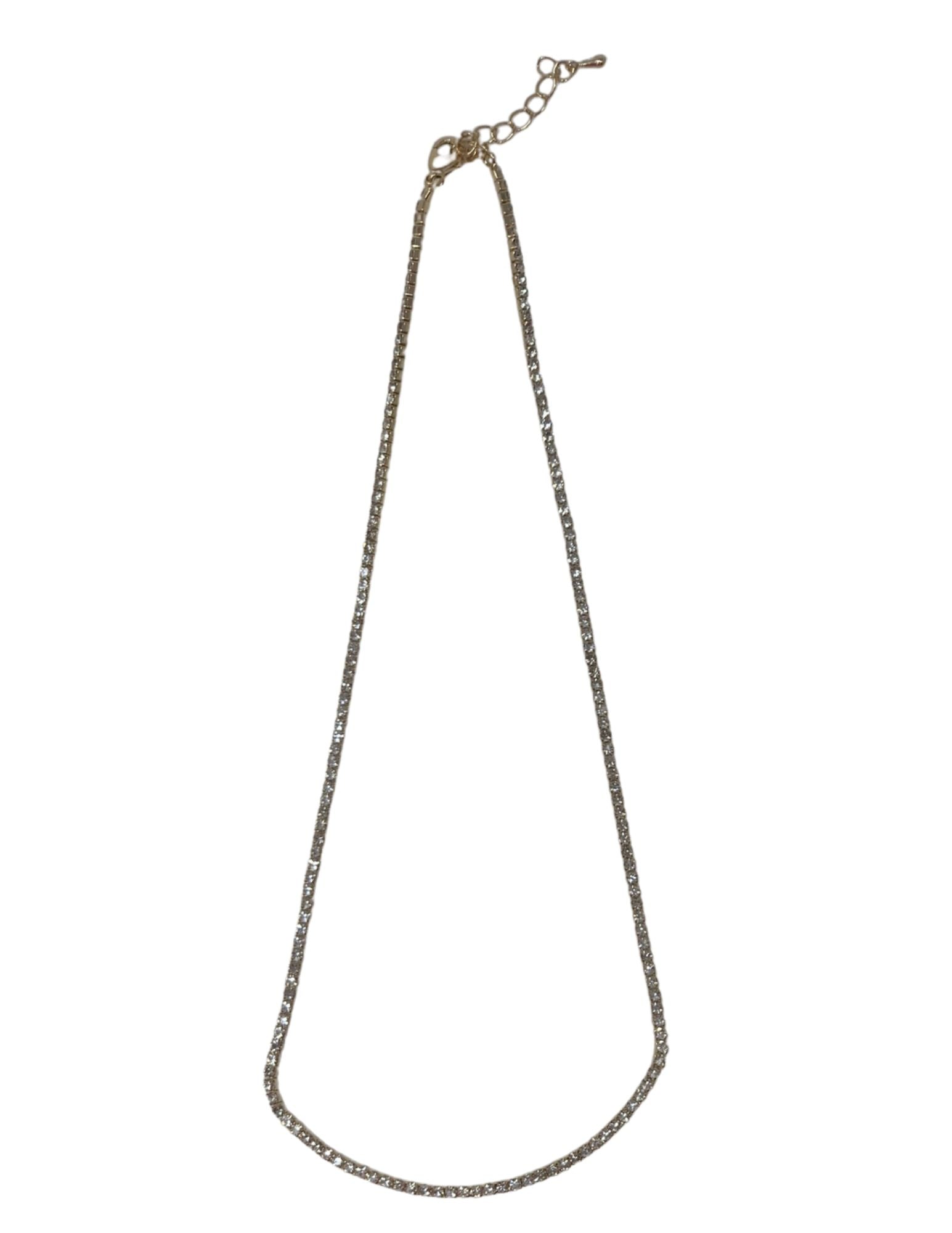Thin silver-tone crystal tennis necklace with an adjustable lobster claw clasp.