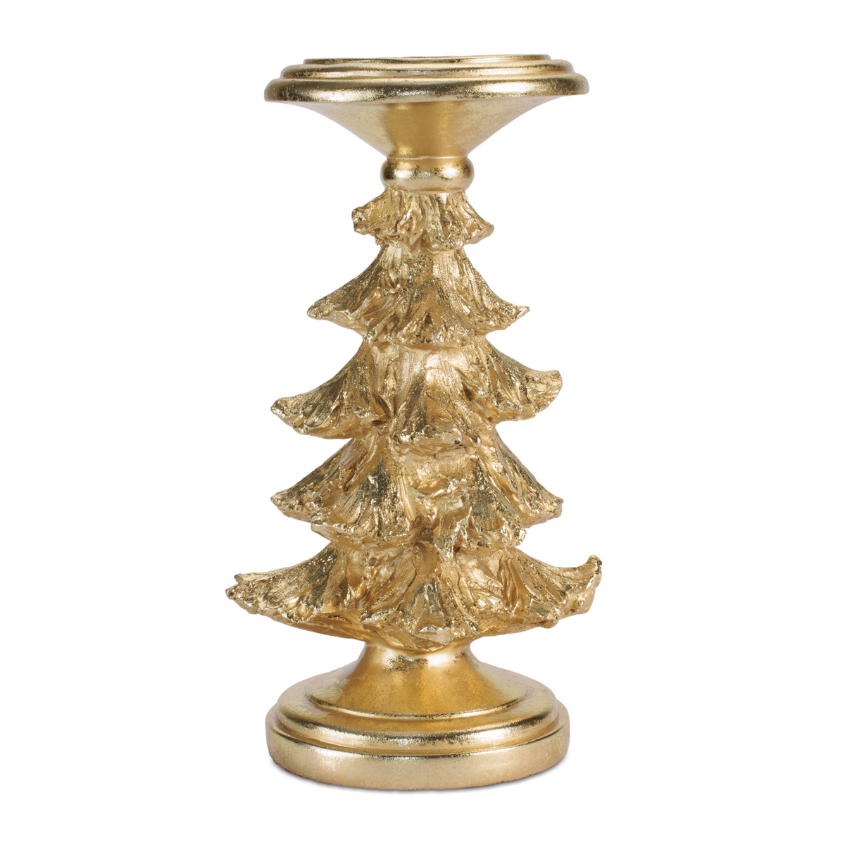 Gold resin Christmas tree candle holder with textured evergreen branches and a pedestal base.