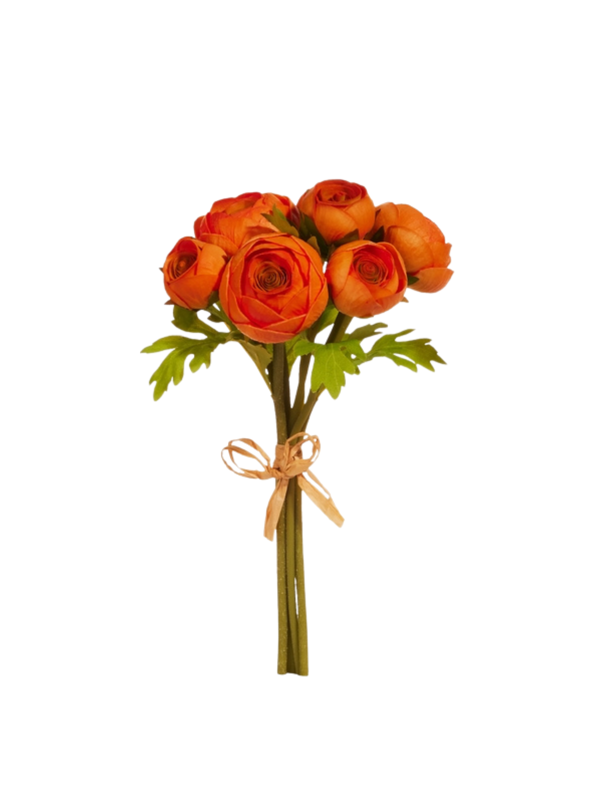 11-inch orange soft touch ranunculus bundle with green leaves and a raffia bow.