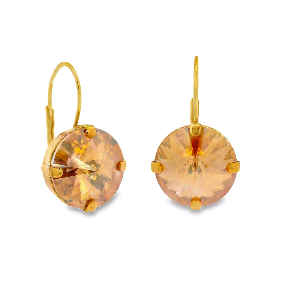 Caitlin Round Earrings featuring peach-colored crystals in antique gold-plated settings.